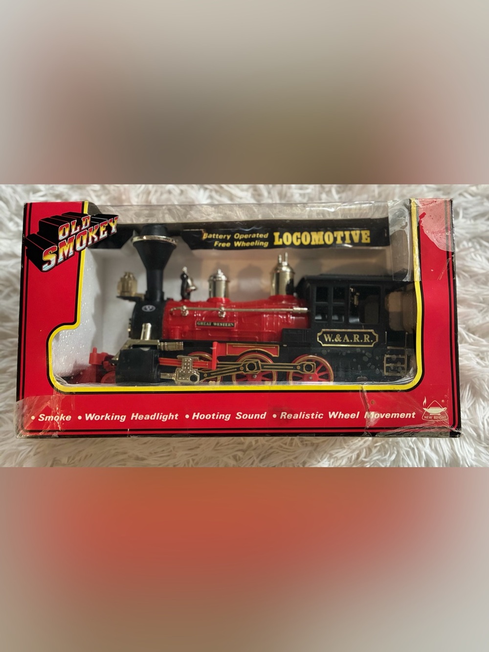 Vintage 80s Old Smokey New Bright Locomotive Battery Train Toy In Box AS IS Red